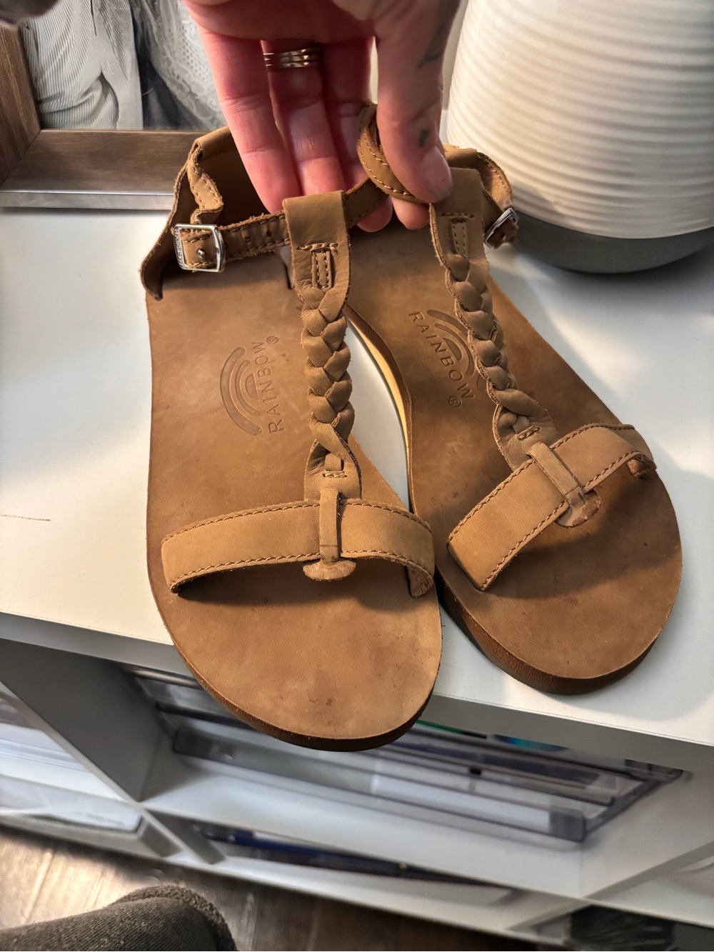 Rainbow Tan Braided T-Strap Sandals